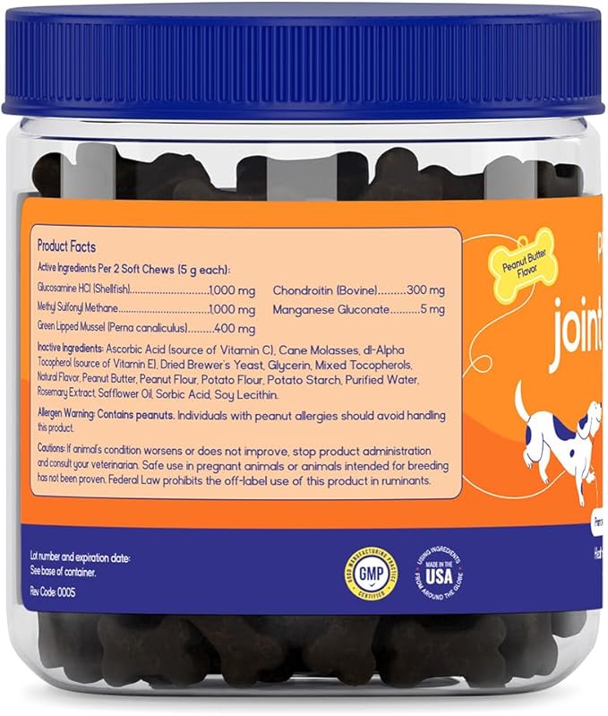 PupGrade Joint Support Supplement for Dogs - Glucosamine + Chondroitin with MSM and Perna - Supports Normal Hip & Joint Health for Occasional Discomfort, Peanut Butter Flavor - 60 Soft Chews