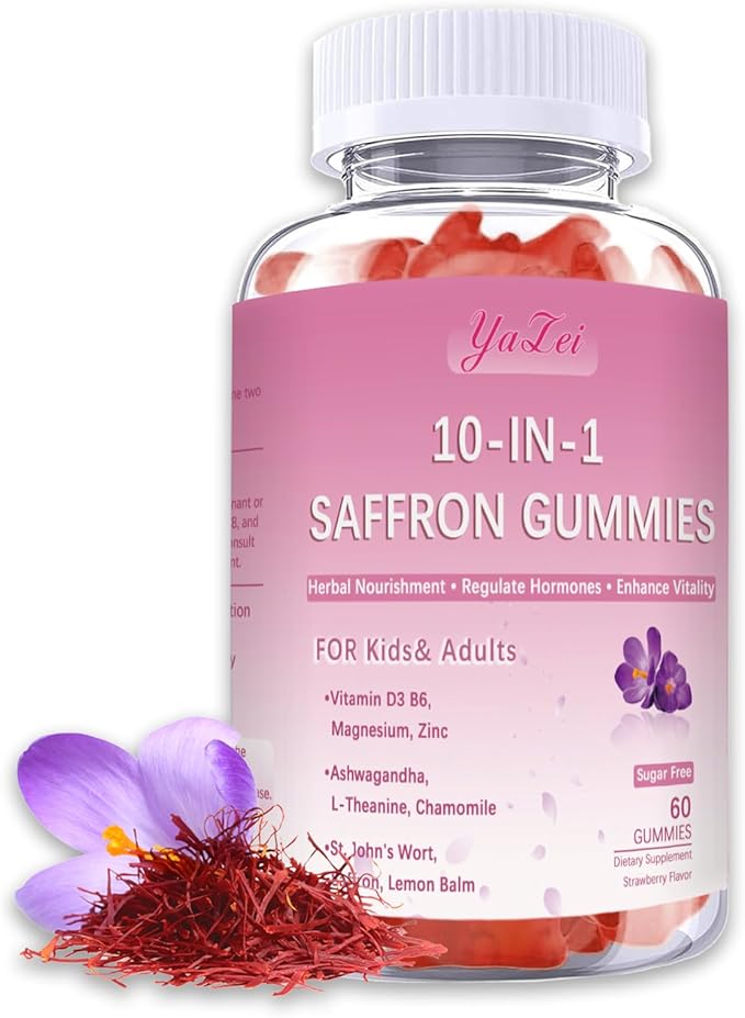 Saffron Supplements Gummies for Kids & Adults,Sugar Free,with Ashwagandha,L-Theanine,Chamomile,St. John's Wort,Lemon Balm,Vitamin D3 B6, Magnesium,Zinc Gummies for Zzz, Mood, Focus & Vision 60 Cnt