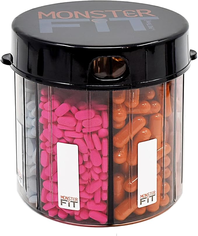 XL Supplement Pill Dispenser Bottle, 7 Compartment, Labels, Easy Open, Anti-Mixing, UV Protected Organizer, Extra Large Monthly Vitamin, Monster Fit Medication Holder Includes Premium Medisafe App