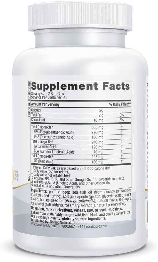 Nordic Naturals ProEFA 3-6-9, Lemon Flavor - 90 Soft Gels - 565 mg Omega-3 - EPA & DHA with Added GLA - Healthy Skin, Cognition, & Positive Mood - Non-GMO - 45 Servings