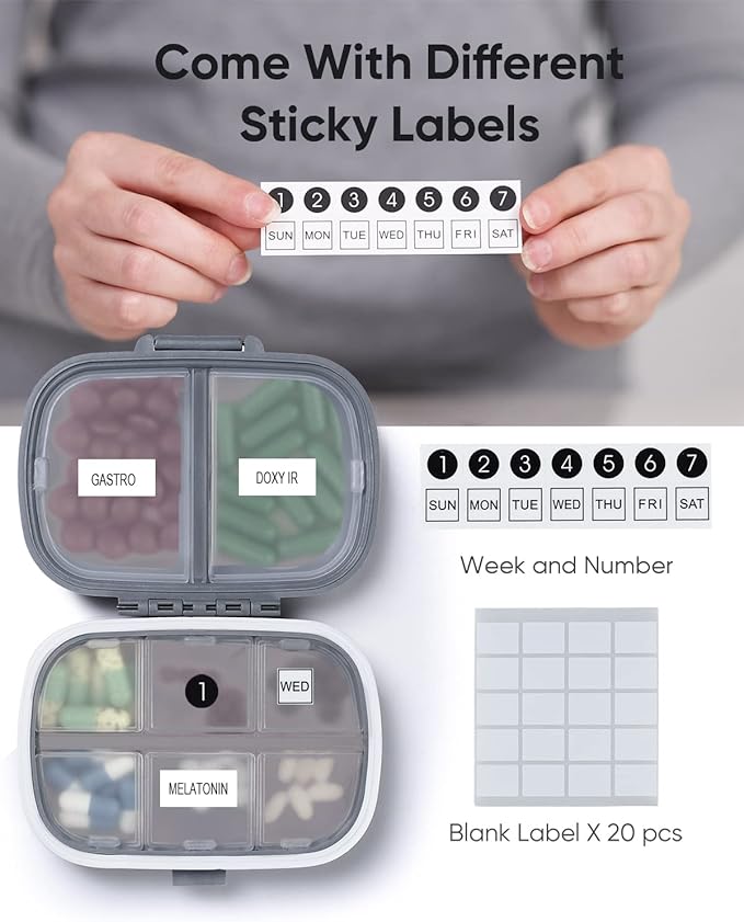 Holii Travel Pill Organizer, 8 Compartments Portable Pill Case, Daily Pill Box to Hold Vitamins, Small Pill Container for Pocket Purse Medicine Organizer（Gray）