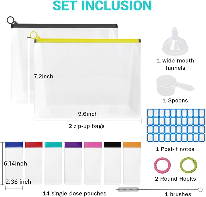 Protein Powder Travel Container Set, Reusable Powder Supplement Container To Go Includes 14 Single-Dose Bags and 2 Large Zip Bags, BPA-free Protein Powder Container for Workout, Fitness, Travel