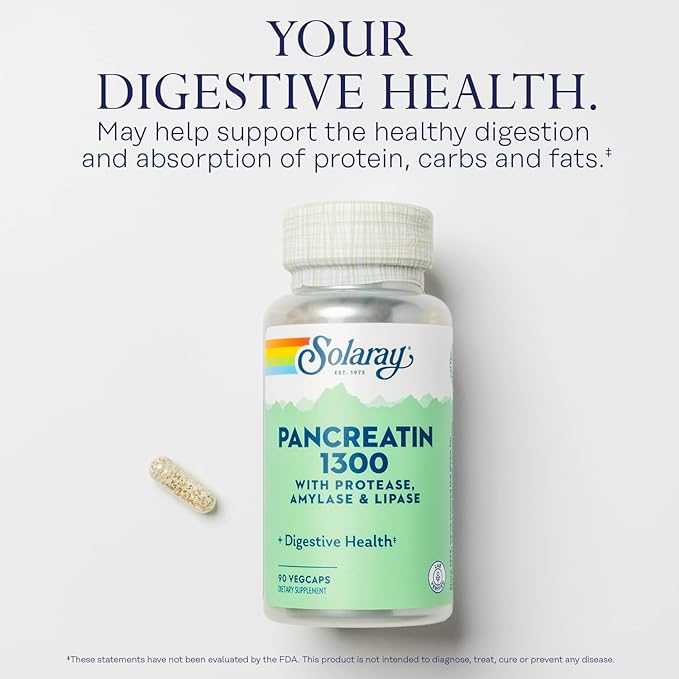 SOLARAY Pancreatin 1300, Pancreatic Digestive Enzymes with Protease, Amylase and Lipase, Plus Papain - Digestion Health Support, Lab Verified, 60 Day Guarantee, 90 Servings, 90 VegCaps