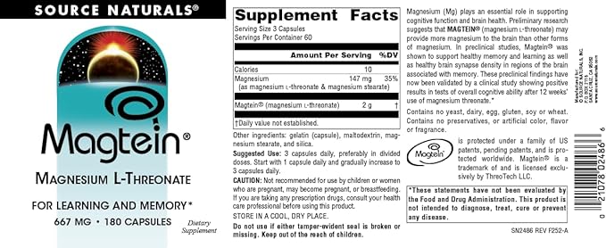 Source Naturals Magtein Magnesium L-Threonate, 667mg, Supports Focus, Mood, Healthy Memory, Cognitive Function - 180 Capsules