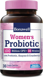 Bonawell Probiotics for Women 100B, with Prebiotics, Digestive Enzymes, Organic Cranberry, Shelf-Stable, 30 Veggie Caps