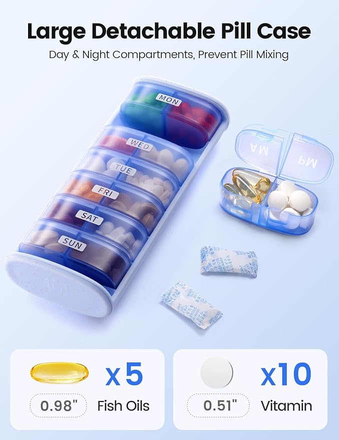 Vaydeer AM/PM Metal Pill Organizer, Weekly Pill Box with Built-in Desiccant Compartment, Airtight Travel Pill Case for Medication, Vitamins & Supplements (Silver)