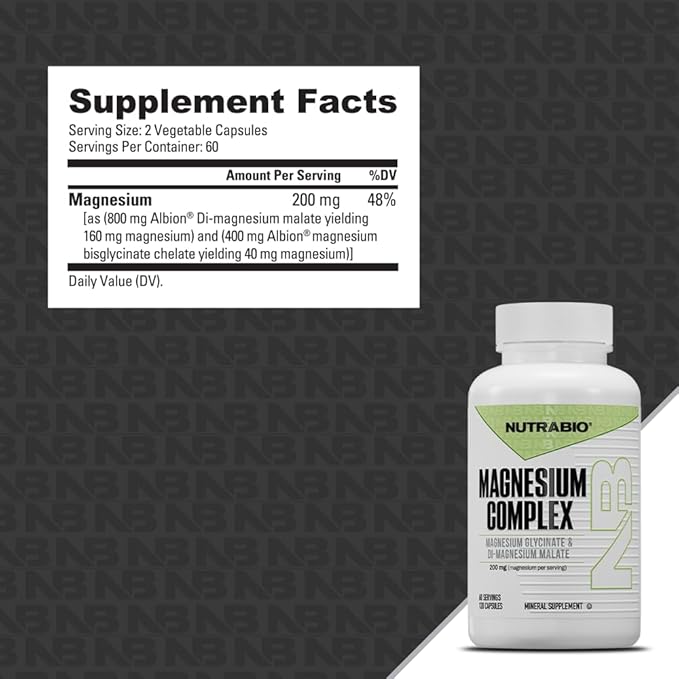 NutraBio Magnesium Complex Supplement, Magnesium Glycinate for Sleep, Biglycinate, D-Magnesium Malate, Muscle & Nerve Support, for Men and Women, 120 Vegetable Capsules