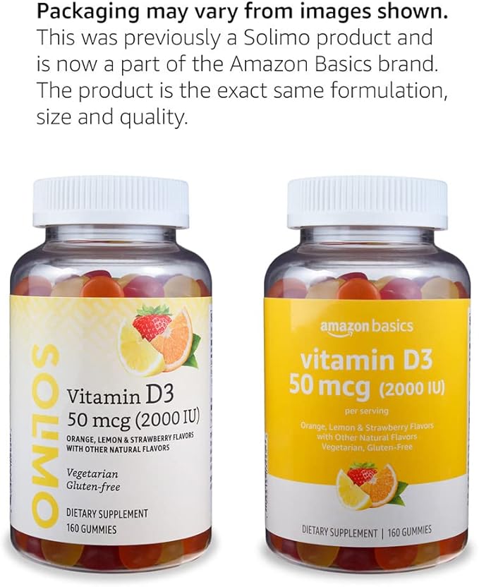 Amazon Basics Vitamin D3 2000 IU Gummies, Orange, Lemon & Strawberry, 160 Count (2 per Serving) (Previously Solimo) (Pack of 2)