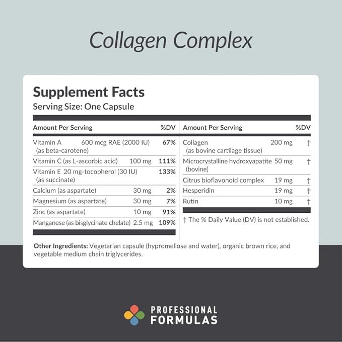 Professional Formulas Collagen Complex – Supports Joint Integrity, Flexibility, and Structural Strength – with Collagen, Chondroitin & Hydroxyapatite – 180 Capsules