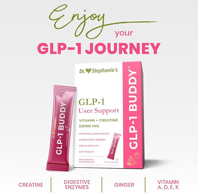 Dr. Stephanie's GLP-1 Buddy Pair with GLP-1 Boosters for Best Results - Digestive Support, Preserve Lean Muscle, Replenish Vitamins - Strawberry Watermelon Drink Mix