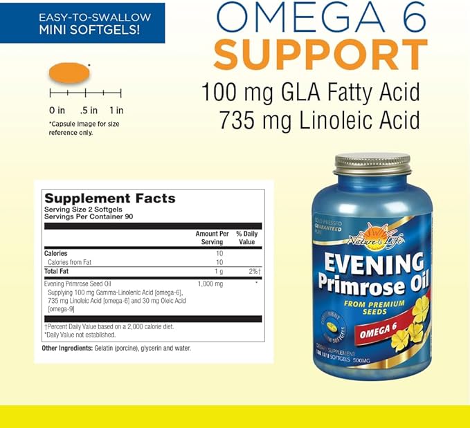 Natures Life Evening Primrose Oil 500 mg Minis | PMS and Menopause Support for Women | Skin Health | 180ct, 90 Serv.