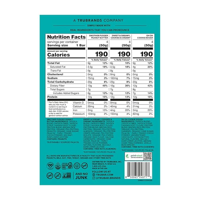 TRUBAR Vegan Protein Bars, Chocolate Covered Cravings Variety Pack, Peanut Butter, Cookies & Cream, & Cookie Dough, Gluten Free, Plant Based, High Fiber, Dairy Free, On the Go Healthy Snacks, 12 Count