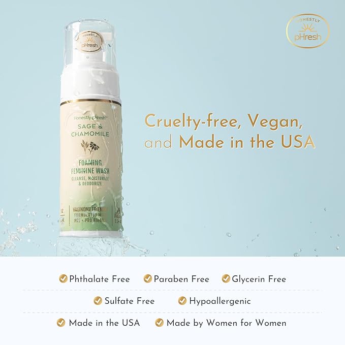 Honestly pHresh Foaming Feminine Wash for Women – pH Balanced Natural Intimate Cleanser with Prebiotics & Probiotics. Vegan, Sensitive Skin Safe. Made In USA - Sage & Chamomile Scent, 5 oz