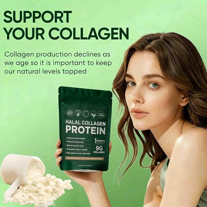 Halal Collagen Protein Powder, Grass-Fed Collagen Peptides Powder, Type I&III, 100% Hydrolyzed for Hair, Skin, Nails, Gut, Bone & Joint Health for Women and Men, Sugar Free, Unflavoured (1)