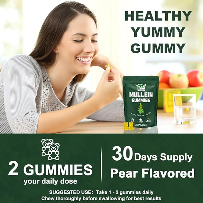 Mullein Gummies for Lung Detox 1000mg Mullein Leaf Herb Extract for Respiratory & Digestive & Immune Support, Vegan, Pear Flavor 60/120 (1)