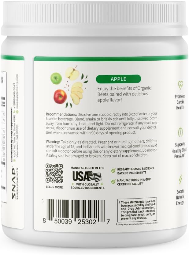 Snap Supplements Organic Beet Root Powder Nitric Oxide Supplement for Men & Women, Red Spinach & Pomegranate, Supports Healthy Energy & Blood Pressure Already in Normal Range, 30 Servings, Apple
