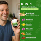 Burdock Root Extract Drops for Liver Health, 6-in-1 Herbal Supplement for Detox & Cleanse & Digestion Support Blend w/Milk Thistle Turmeric Red Clover. 2oz