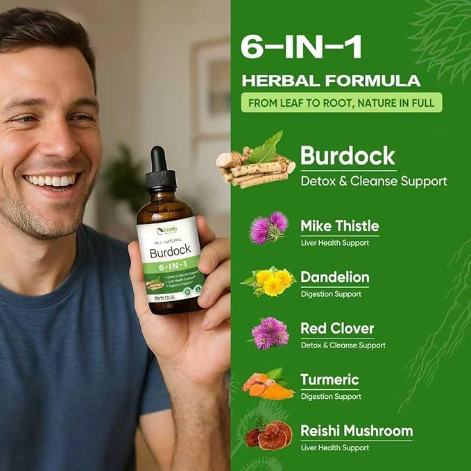 Burdock Root Extract Drops for Liver Health, 6-in-1 Herbal Supplement for Detox & Cleanse & Digestion Support Blend w/Milk Thistle Turmeric Red Clover. 2oz