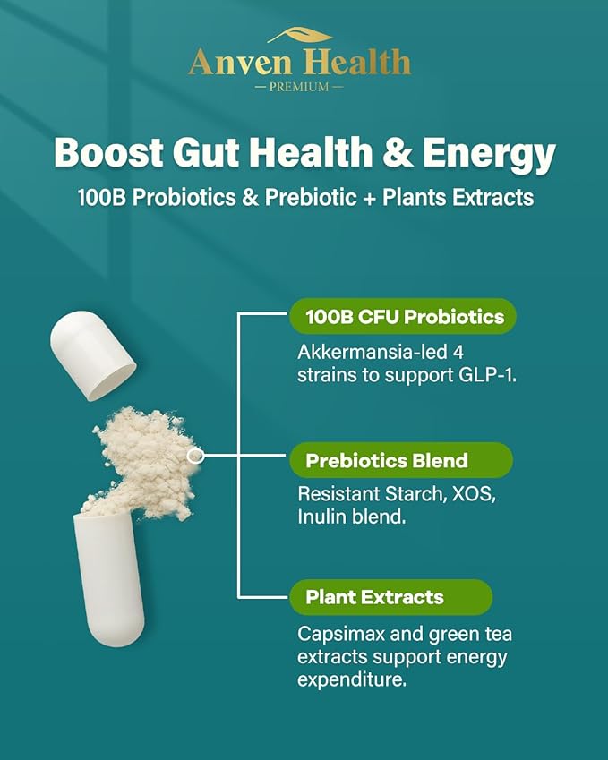GLP-1 Supplement 100 Billion Akkermansia Probiotic & Prebiotic for Gut Health & Digestion, Metabolism & Energy Support with Vitamin B2 & D, Green Tea and Chromium - Non-GMO | 90 Capsules