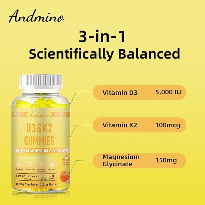 Vitamin D3 K2 Magnesium Gummies | 5000IU D3 + 100mcg K2 MK-7 + 150mg Magnesium Glycinate | for Bone, Immune & Sleep Support | Non-GMO, Vegan, Gluten Free | Citrus Flavor, 60 Count