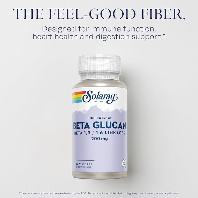 SOLARAY Beta Glucan Supplements - Immune Support - Heart and Digestive Support with Beta Glucan Fiber from Baker's Yeast - High Potency, 60-Day Guarantee - 30 Servings, 30 VegCaps