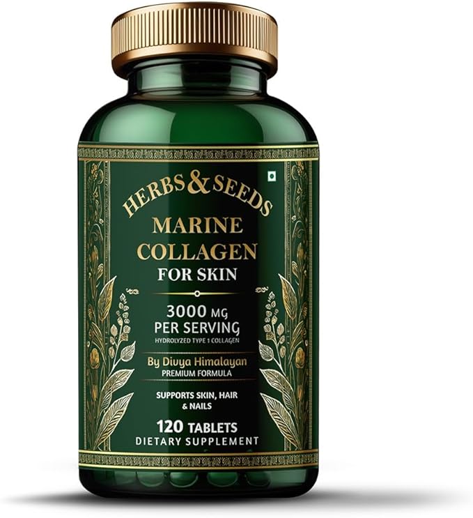 Herbs & Seeds Marine Collagen Pills for Women & Men, 120 Capsules | Type I, II, III, V, X - Hydrolyzed Collagen Peptides with Biotin, Hyaluronic Acid & Vitamin C,E Skin, Hair, Nail & Joint Support