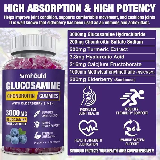 Simhould Glucosamine Chondroitin Gummies - 3000MG Extra Strength Joint Support Supplement with MSM & Elderberry, Flexibility, Antioxidant Immune Support Gummy for Adults, Men & Women
