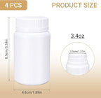 White Pill Bottle, Empty Medicine Bottles with Screw Caps for Pills Capsules Vitamins, Food Grade Plastic Medicine Containers with Labels for Travel (3.4oz/100ml, 4 Pcs)
