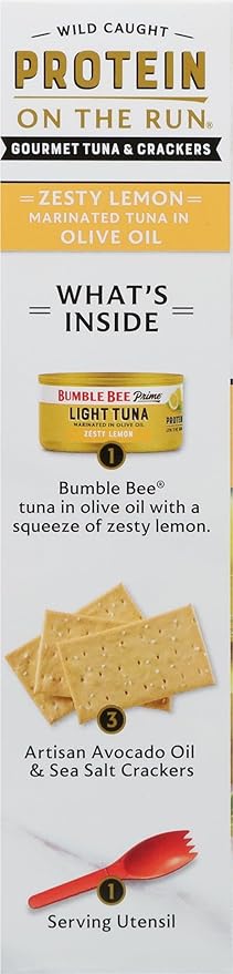 Bumble Bee Prime Protein on the Run Tuna Snack Kit - Gourmet Tuna Marinated in Olive Oil & Zesty Lemon with Crackers and Serving Utensil - 19g of Protein Per Serving (Pack of 3), Easy Open Cans