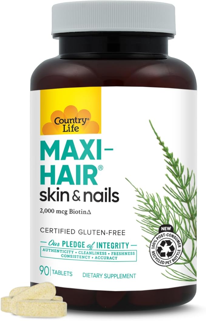 Country Life Maxi-Hair Supplement - 2000mcg Biotin & Vitamins for Hair, Skin & Nails - Certified Gluten-Free & Vegetarian - Supports Hair Growth, 90 Tablets