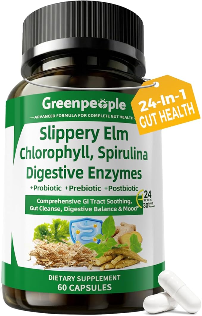 GREENPEOPLE Digestive Enzymes for Women & Men - Gentle Gut Health & Cleanse Capsule with Slippery Elm, Chlorophyll, Spirulina, Probiotics Complex - Complete Sensitive Gut Supplement 60 Ct 30 Days Use