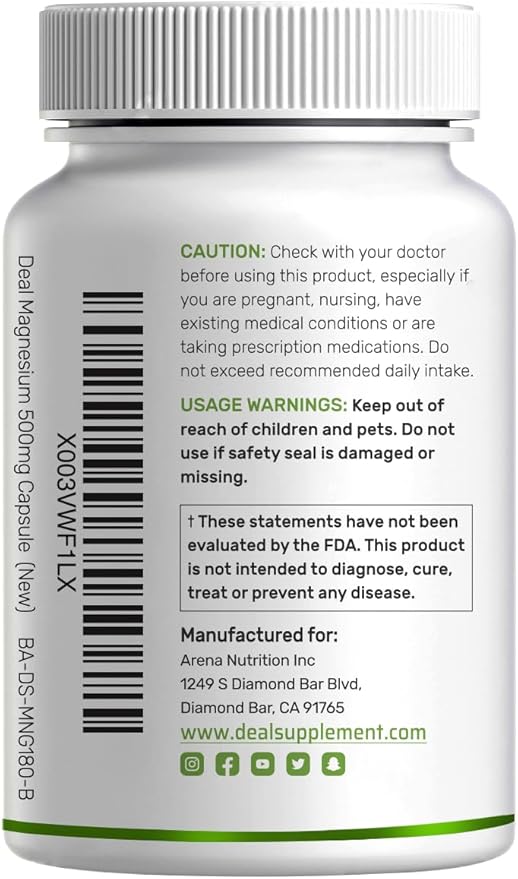 Deal Supplement Magnesium Glycinate 500mg, 480 Veggie Capsules | 100% Chelated for Easy Absorption | Essential Mineral Supplement | Non-GMO, Gluten-Free