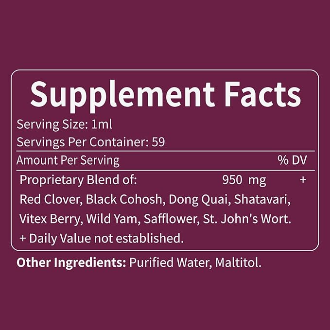 Red Clover Extract Herb Supplement, Liquid Drops for Women Health Balance, 8-in-1 Herbal Formula for Menopause Hot Flashes Relief with Dong Quai & Shatavari Extract, Alcohol Free. 2oz