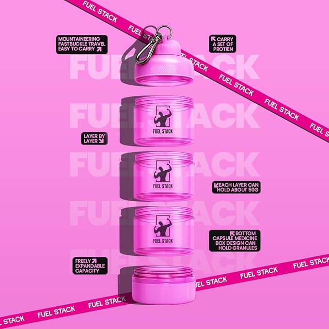 FuelStack Portable Protein Powder Container – Stackable Supplement Storage with Pill Organizer for Gym & Travel (Pink)