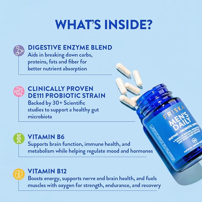 Friska Men’s Daily Gut Support - Digestive Enzymes, Probiotics to Help Break Down Foods, Supports Energy & Nutrient Absorption with Vitamins B6 & B12, 30 Capsules