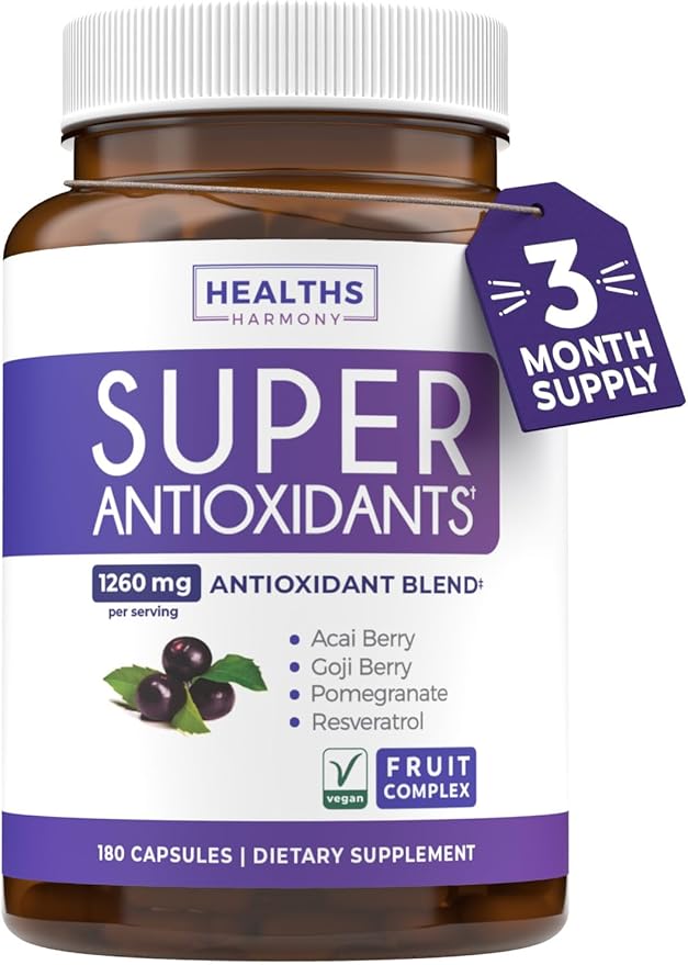 Super Antioxidants Supplement for Women & Men - High Potency Herbal & Fruit Blend with Acai, Goji, Pomegranate, Elderberry & Resveratrol for Skin Care & Immune Support - Vegan & Non-GMO - 180 Capsules