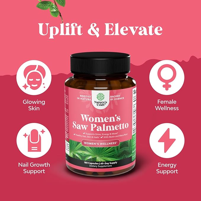 Extra Strength Saw Palmetto for Women - DHT Blocker Restoring Hair Vitamins for Hair Health - 500mg Pure Saw Palmetto Capsules with Maca Root & Biotin for Stronger Healthier Looking Hair 180 Count