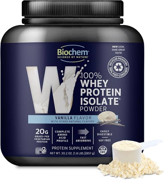 Biochem Whey Protein Isolate Powder - Vanilla Flavor, 20 Grams per Serving, Sourced from Grass Fed Cows, Non-GMO, Vegetarian, - Supports Muscle Mass & Performance