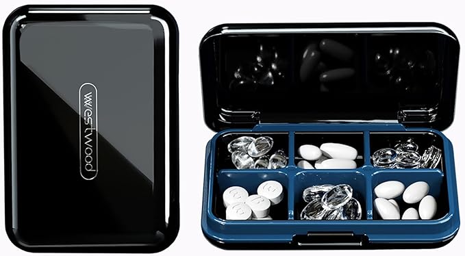 DUBSTAR Travel Pill Organizer Moisture Waterproof Small Pill Box for Pocket Purse 6 Compartments Portable Pill Case Medicine Vitamin Holder Container Black