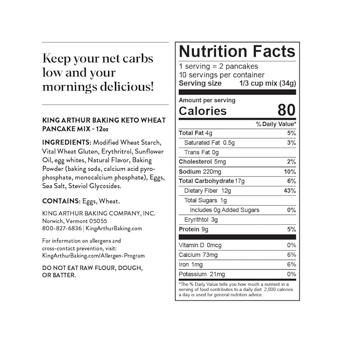 King Arthur, Keto Wheat Pancake Mix, Sourced Non-GMO, Certified Kosher, Keto Friendly, 12 Oz, Packaging May Vary (Pack of 2)