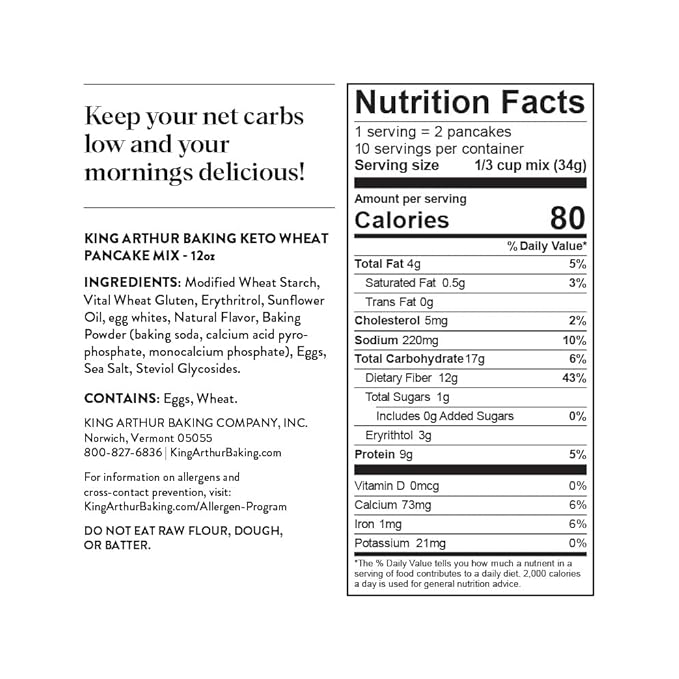 King Arthur Keto Wheat Pancake Mix: Low Carb, High Protein Breakfast Solution - Just Add Water for Fluffy Pancakes or Waffles - Non-GMO, Kosher Certified, 12 oz Pouch