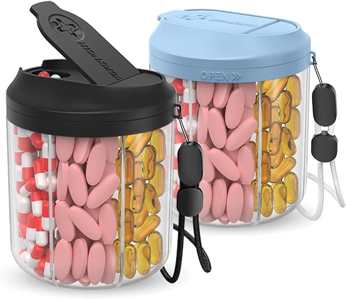 Hionxmga Pill Dispenser with 7 Large Compartments, 4.4" H x 3.6" Dia Pill Organizer for Travel, Supplement Organizer with Anti-Mixing Design, BPA-Free Pill Container with 20 Pcs Labels, Black+ Blue