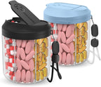 Hionxmga Pill Dispenser with 7 Large Compartments, 4.4" H x 3.6" Dia Pill Organizer for Travel, Supplement Organizer with Anti-Mixing Design, BPA-Free Pill Container with 20 Pcs Labels, Black+ Blue