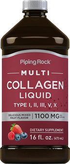 Piping Rock Liquid Collagen 16 fl oz | 1100mg | Fruit Flavor | Multi Collagen Type I, II, III, V, X | with Vitamin C | Non-GMO, Gluten Free Supplement