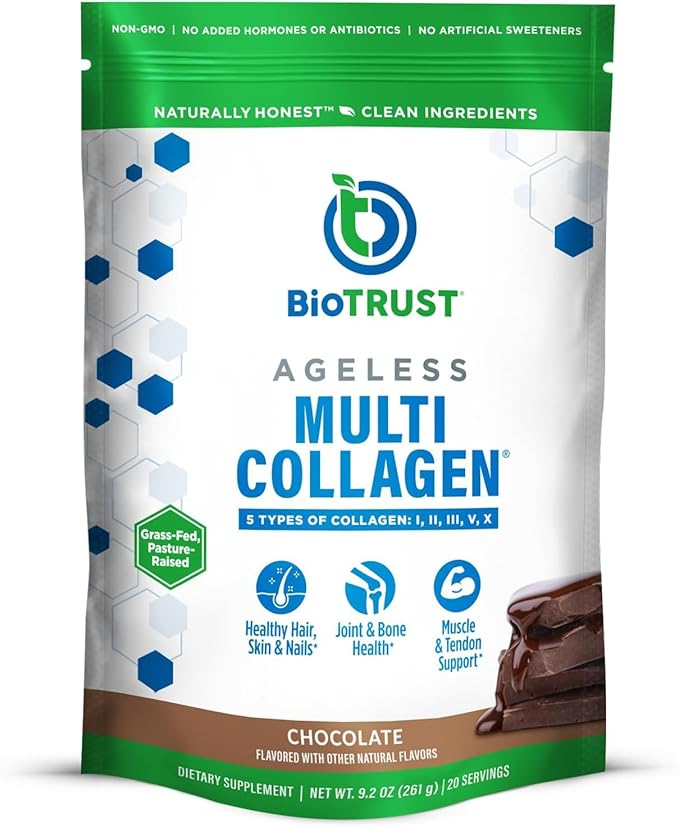 BioTrust Ageless Multi Collagen Peptides Powder – 5 Types (I, II, III, V, X) – Chocolate Collagen Powder for Women & Men – Hydrolyzed Protein – Grass Fed Beef, Fish, Chicken, Eggshell Membrane