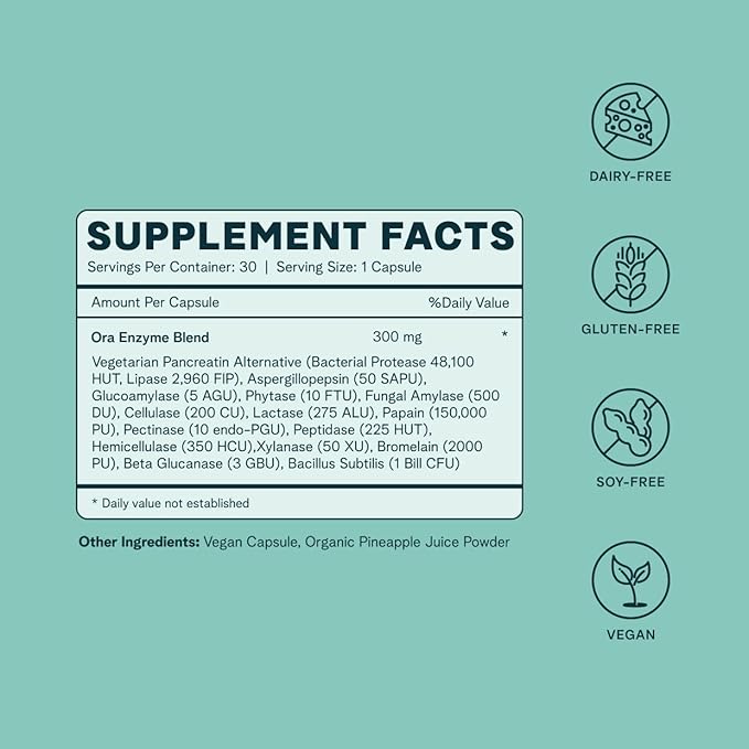 Ora Organic Multi-Enzyme Supplement - Vegan, Gluten Free Enzymes for Digestion with Probiotics for Gut Health, Bloating, Constipation and Gas Relief - 30 Easy to Swallow Capsules
