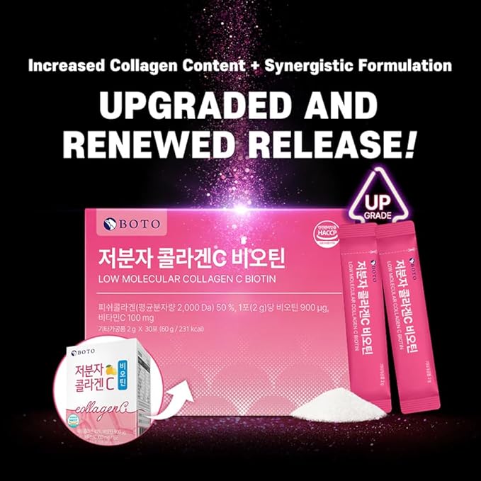 BOTO Low Molecular Collagen VitaminC Biotin - Beauty Support Supplement, 2g,30 Sticks, Made in Korea