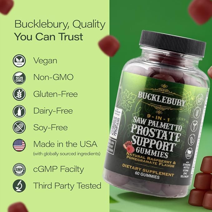 BUCKLEBURY 9-in-1 Natural Saw Palmetto Gummies with Raspberry & Pomegranate Flavor - Plant-Based Prostate Support Supplements for Mens Bladder Health, Hair Growth & Urinary Support - 60 Gummies