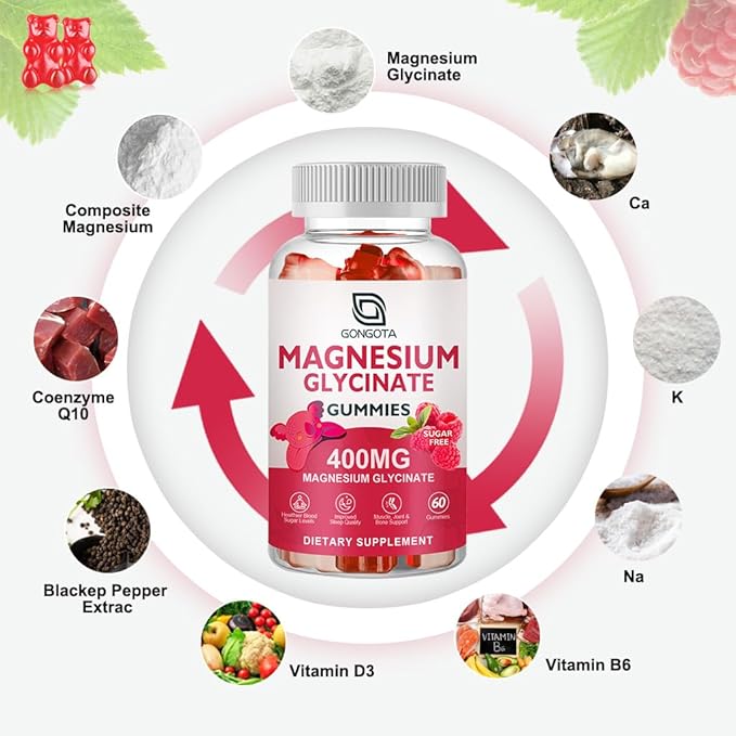 Magnesium Glycinate Gummies 400 mg with 100 mg Composite magnesium - Chelated Magnesium Potassium Supplement with Vitamin D, B6 Supports Calm, Sleep, Memory & Muscle Cramps,Sugar Free - 60 Gummies
