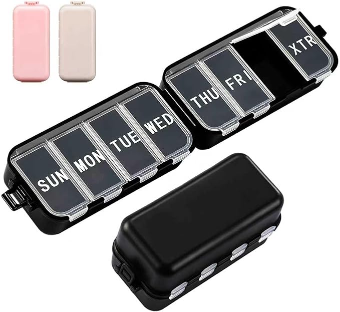 NEW Foldable Weekly Pill Organizer with Extra Grid, Portable 7 Day Pill Box Once / 1 Time a Day, Week Daily Medicine Organizer - Large Travel Pill Case Holder Dispenser for Vitamin, Supplement-Black